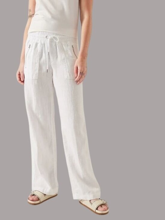Athleta Pants - Athleta Size 4 Cargo Linen Wide-Leg Flowy Pants White Drawstring